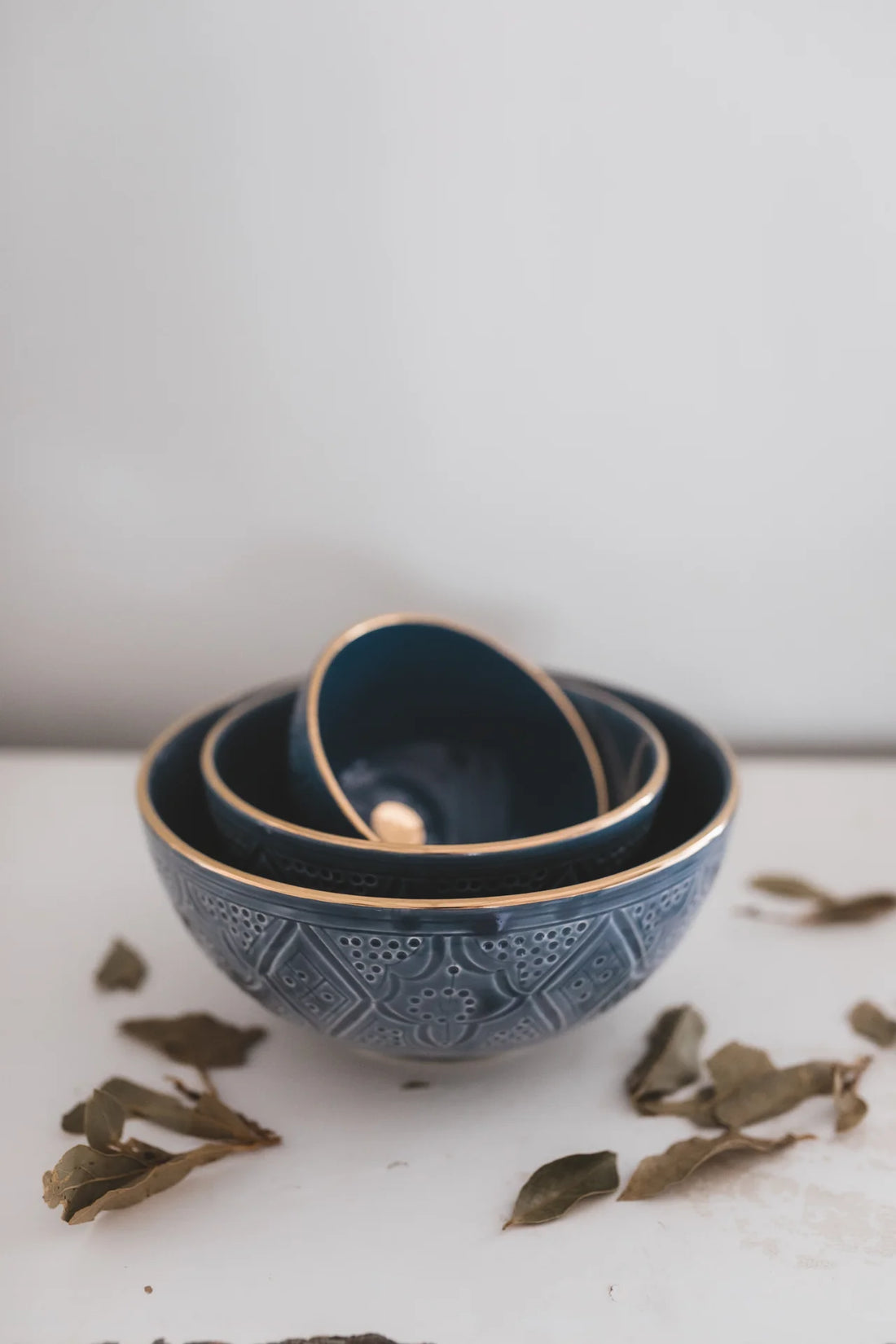 Small Round Ceramic Bowl (Set of 2) – Blue Stone with Gold detailing