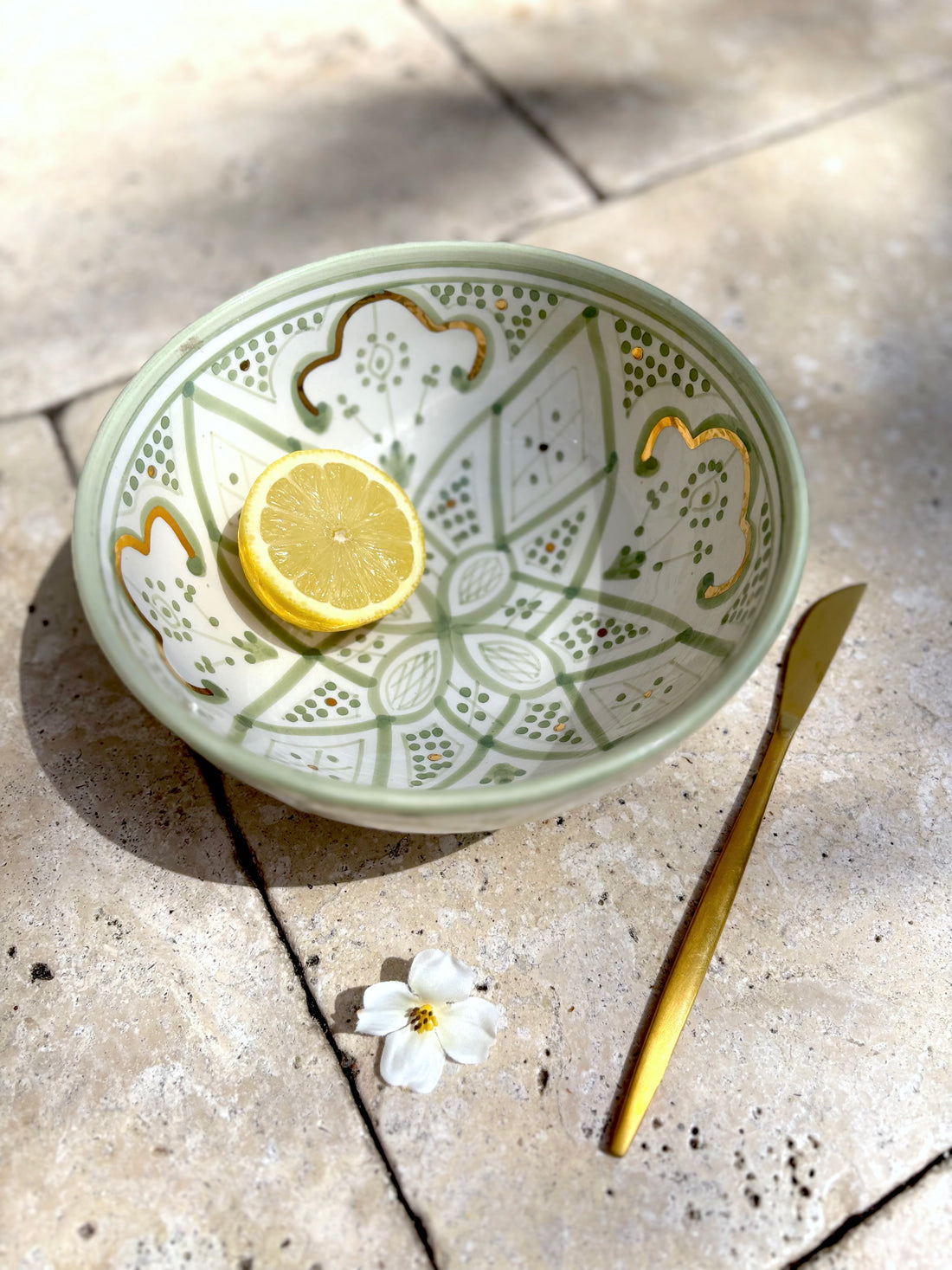 Large Serving Bowl – Zwak Mint Ceramic with Gold Detailing