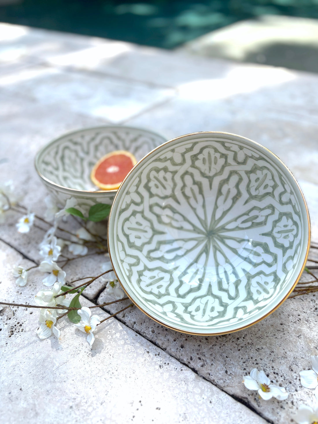 Large Round Serving Bowl – Fassia Mint | Hand-Painted with 12K Gold